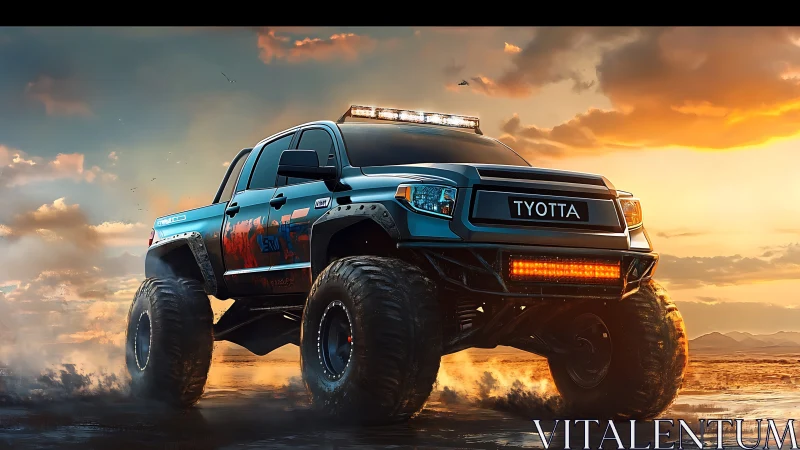 Lifted off-road pickup dominates dramatic sunset terrain scene