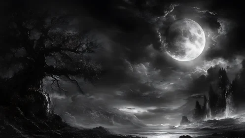 Moonlit wasteland under storm-laden sky, twisted tree looms
