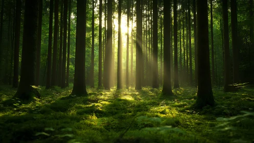 Sunlight streaming through tranquil green forest scene, natural style.