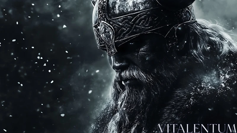Storm-burdened viking lowers his gaze beneath icy omens