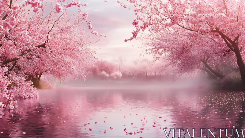Mist-veiled lakeside sakura canopy with reflective symmetry.