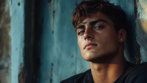 Brooding young man leans against weathered blue metal wall