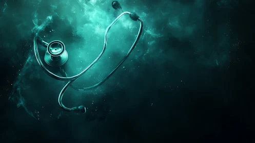 Luminous teal stethoscope suspended in volumetric medical mist