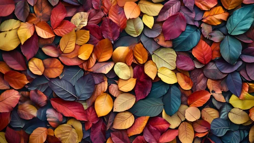 Colorful autumn leaves forming dense textured background.