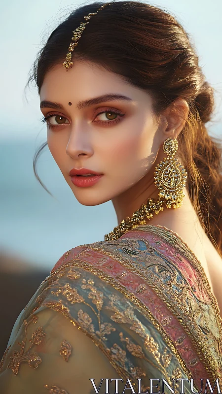 Regal portrait of woman in embroidered saree at golden hour.