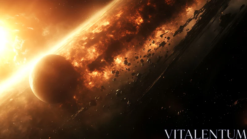 Planetary silhouette against erupting stellar firestorm.