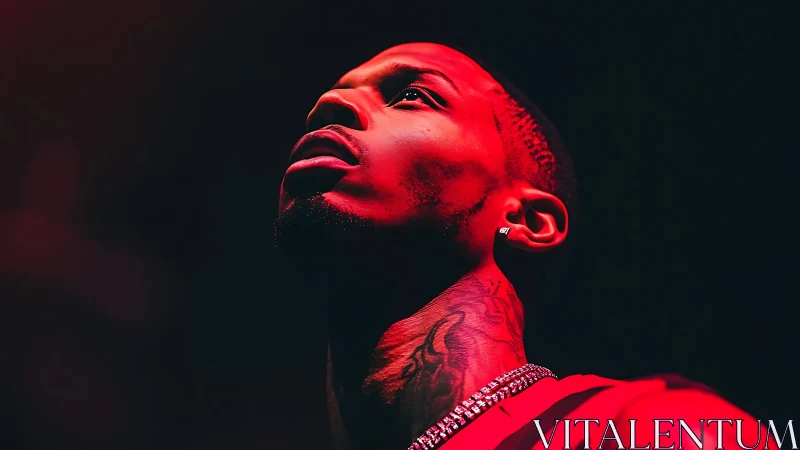 Low-angle neon red portrait isolates performer against darkness