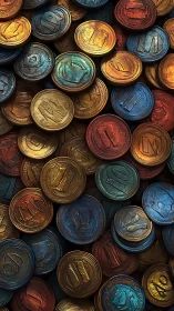 Stacked multicolored metal coins with embossed numerals.