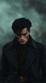 Somber battlefield portrait under dense storm haze.