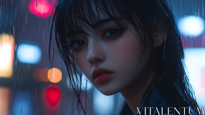 Rainlit city gaze with neon-soaked quiet emotion.