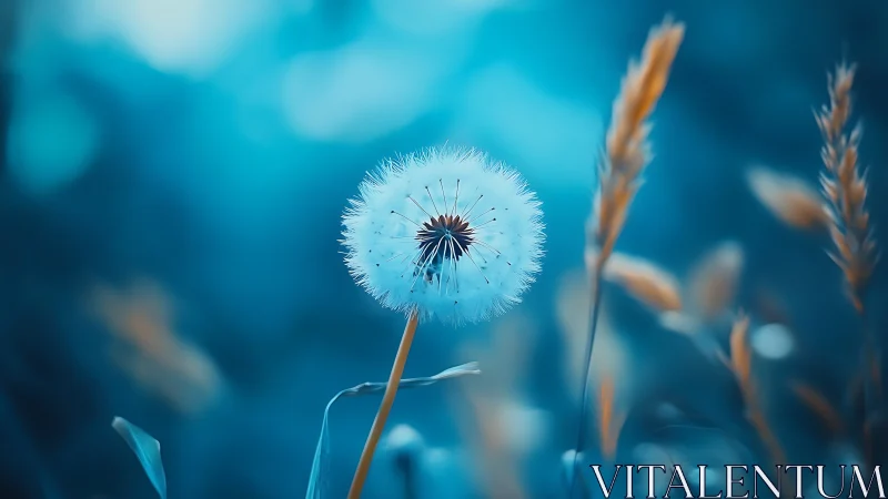 Gentle dandelion seed head glows softly in cool blue light