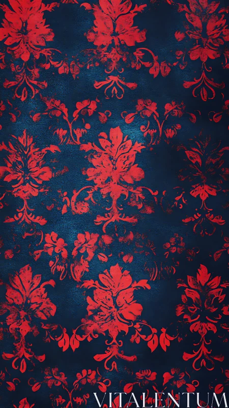 Rich red damask blooms glow gently on deep navy blue
