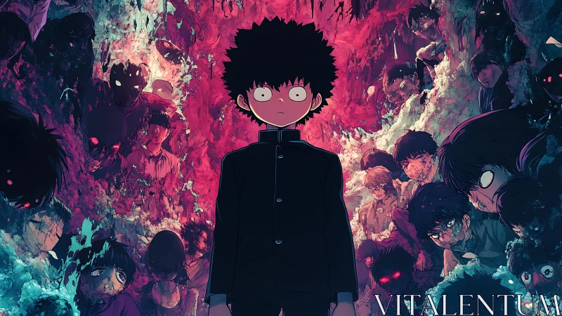 Psychic schoolboy amid distorted spectral crowd, neon void