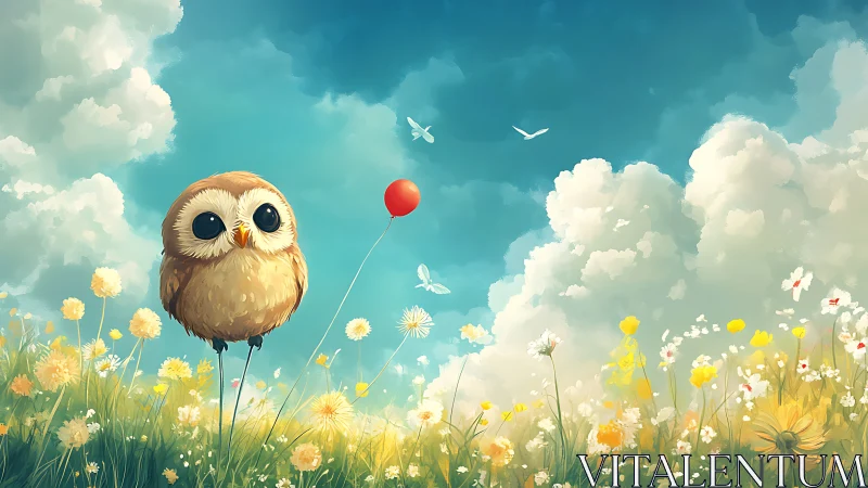 Tiny meadow owl studies one bright balloon sailing skyward