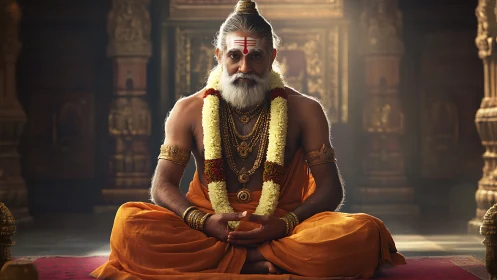 Elderly Hindu guru in meditative pose under cinematic temple light
