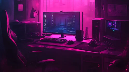 Neon-lit gaming sanctuary glowing in cyber magenta haze.