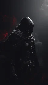 Dark hooded warrior stands in shadow with faint red glow.