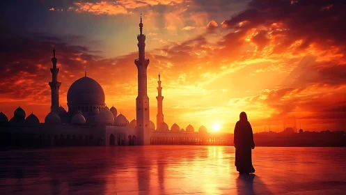 Solitary robed figure before mosque at intensely vivid sunset