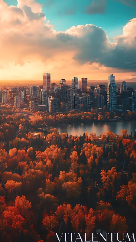 Urban skyline borders dense autumn forest and lake system