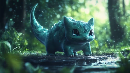 Gentle forest creature pauses on a glowing mossy path