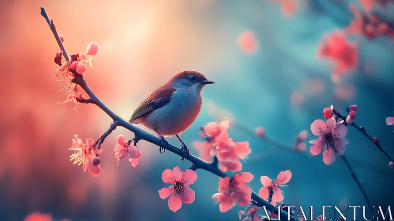 Soft spring songbird rests among glowing cherry blossoms