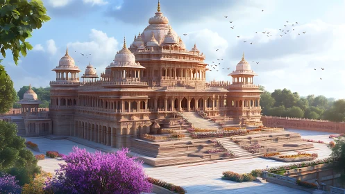 Stone temple complex with tiered domes in landscaped plaza.