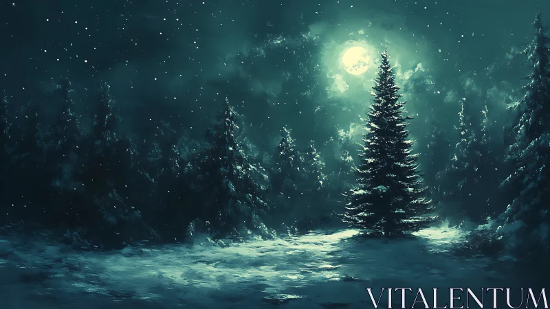 Moonlit winter fir forest glows under drifting snowfall.
