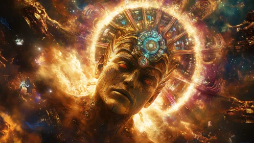 Cyborg head with radiant mechanical halo dominates starfield