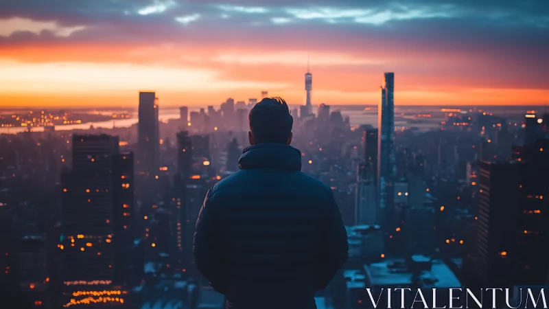 Person overlooking dense city skyline at sunset horizon.