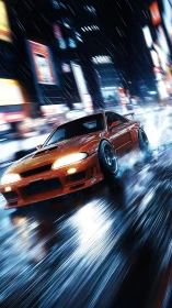 Orange drift car slices neon rain on reflective city street.