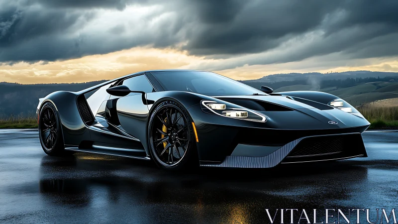 Black supercar reflects stormy sky on wet mountain road.