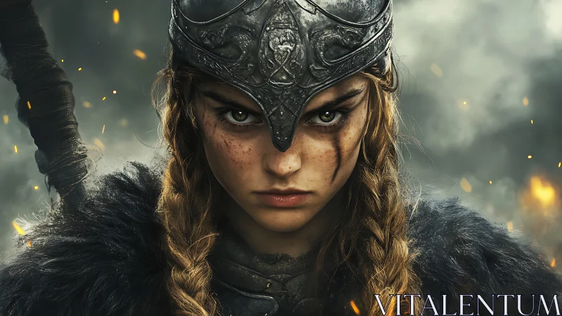 Fierce young shieldmaiden gazes through swirling battlefire.
