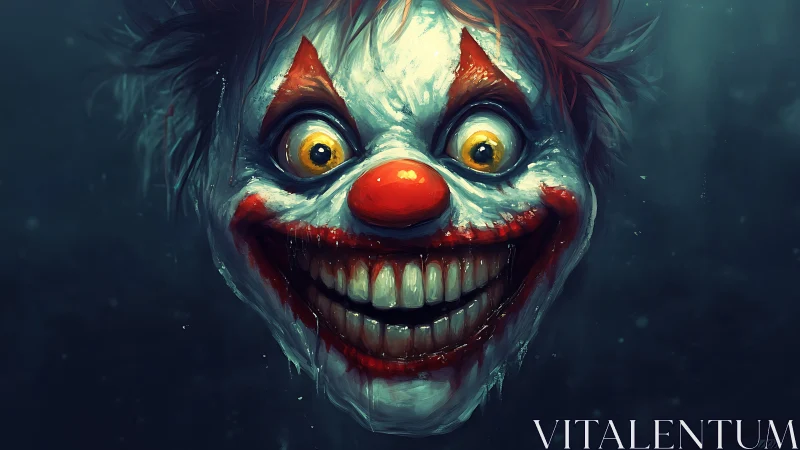 Wild-eyed clown grins in a boldly intense digital portrait