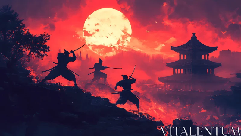 Samurai silhouettes share a fiery duel beneath a vast red moon