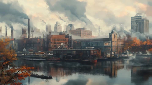 Digital painting of smog-laden riverside industrial district.