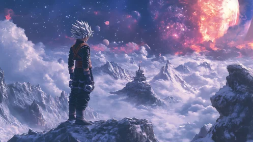 Silver-haired explorer over alien snow peaks and nebula sky