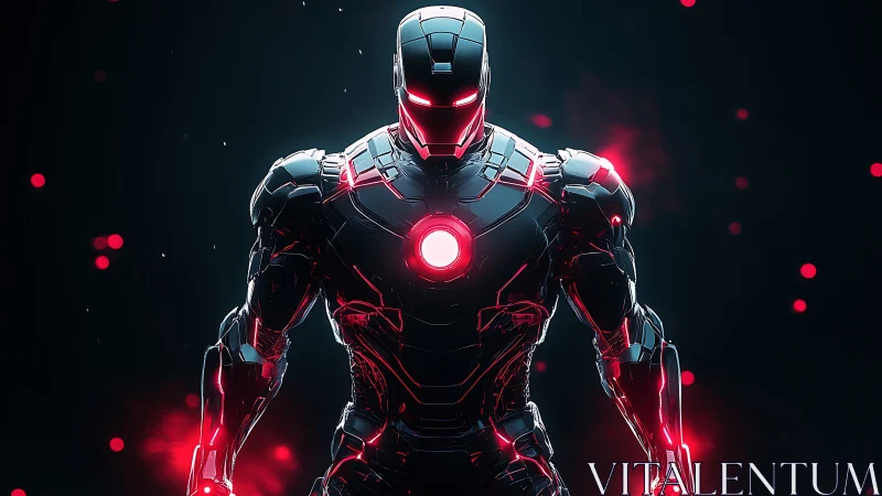 Armored humanoid figure stands centered with red illuminated core