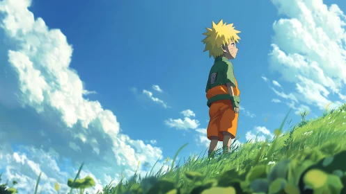 Youthful anime figure on sunlit hillside under cumulus sky.