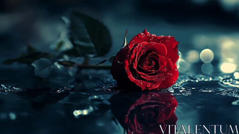Crimson Rose With Dewdrops Reflected on Dark Water Surface