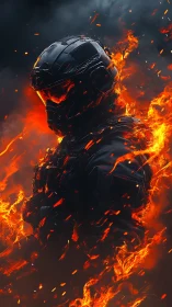 Armored futuristic soldier engulfed in kinetic flames.