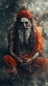Mystic ascetic seated in swirling smoke and glowing orange robes.