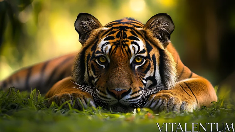 Resting tiger lying in grass with intense golden gaze.