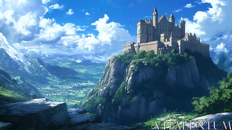 Fortified cliffside citadel dominating alpine valley panorama.