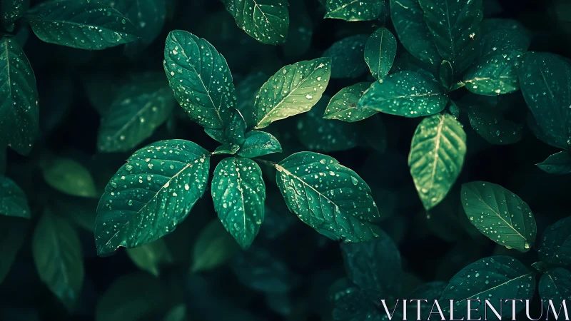 Green leaves with surface water droplets after rainfall.