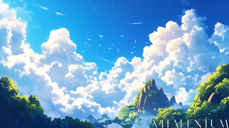 Cloud-filled sky over forested hills in stylized daylight scene.