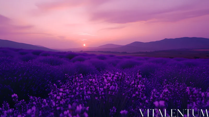 Lavender field extends toward distant hills at vivid sunset