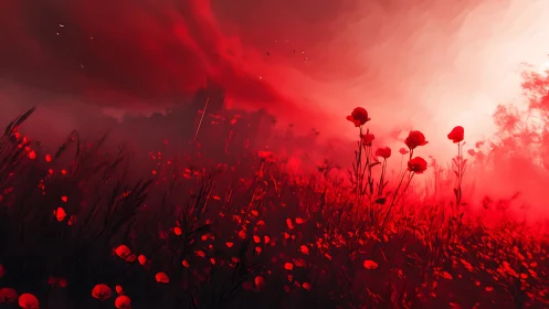 Scarlet poppy field glows beneath a storm-charged sky