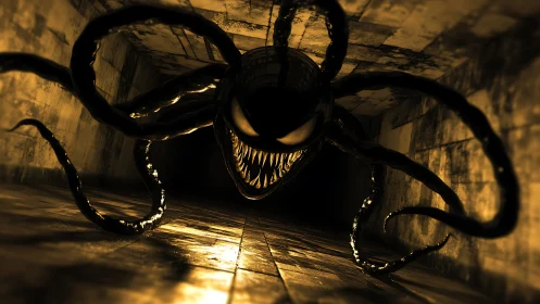Tunnel nightmare serpent grins through molten shadows.