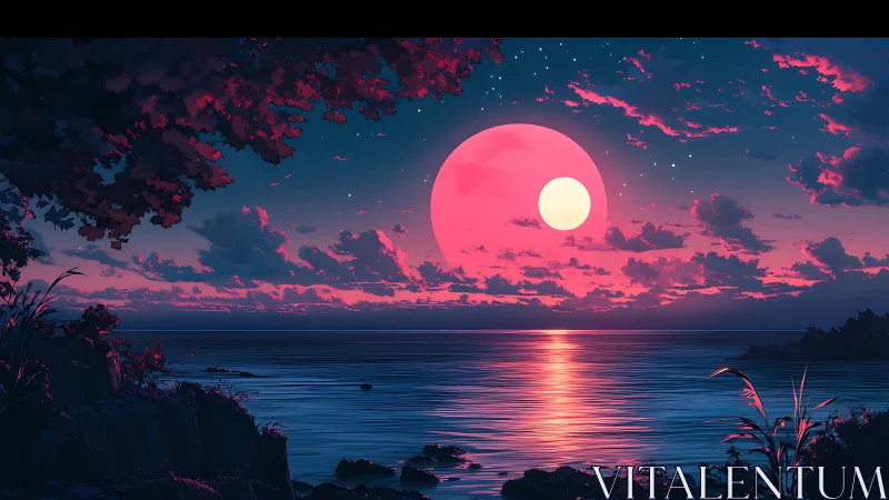 Coastal horizon under stylized dual moon at dusk light.