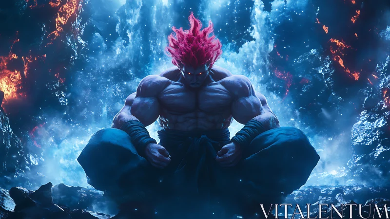 Inferno-haired warrior meditating in a storm of blue fire.